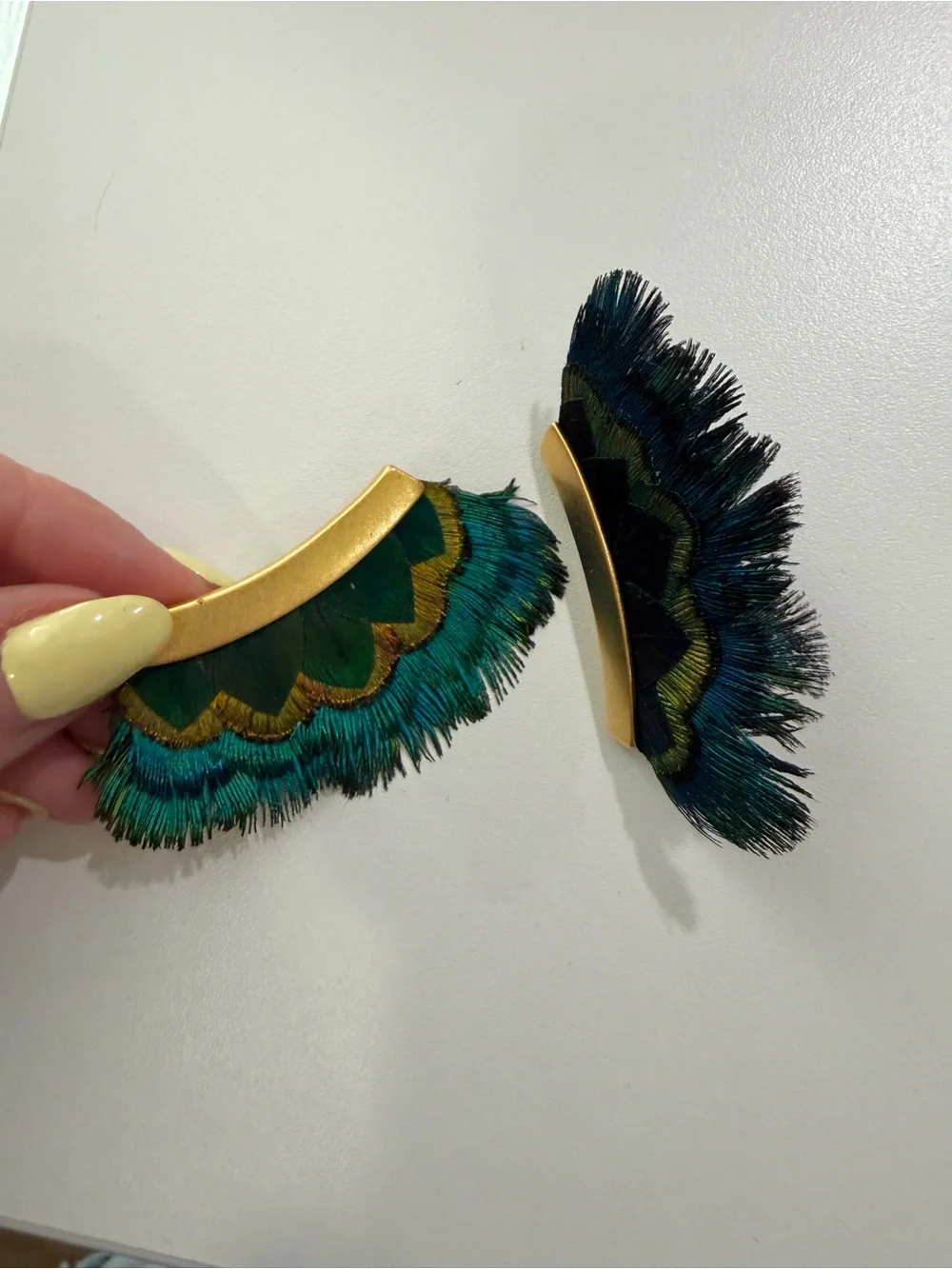 Brackish Peacock Feather Statement Earrings - Blue Green
